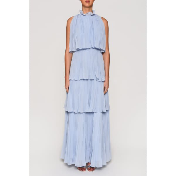 Blue Tiered Pleated Maxi Dress | ModeSens